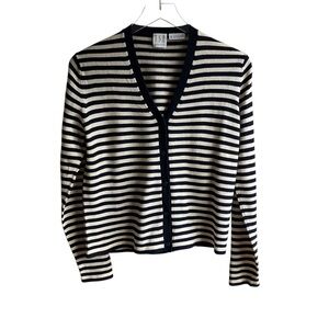 Vintage TSE Silk Cashmere Striped Cardigan Sweater Size M Navy Cream V-Neck Knit